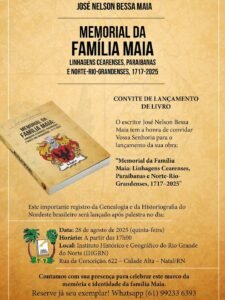 Leia mais sobre o artigo NATAL: Nelson Bessa lança livro na Quinta Cultural (28) sobre história da família Maia